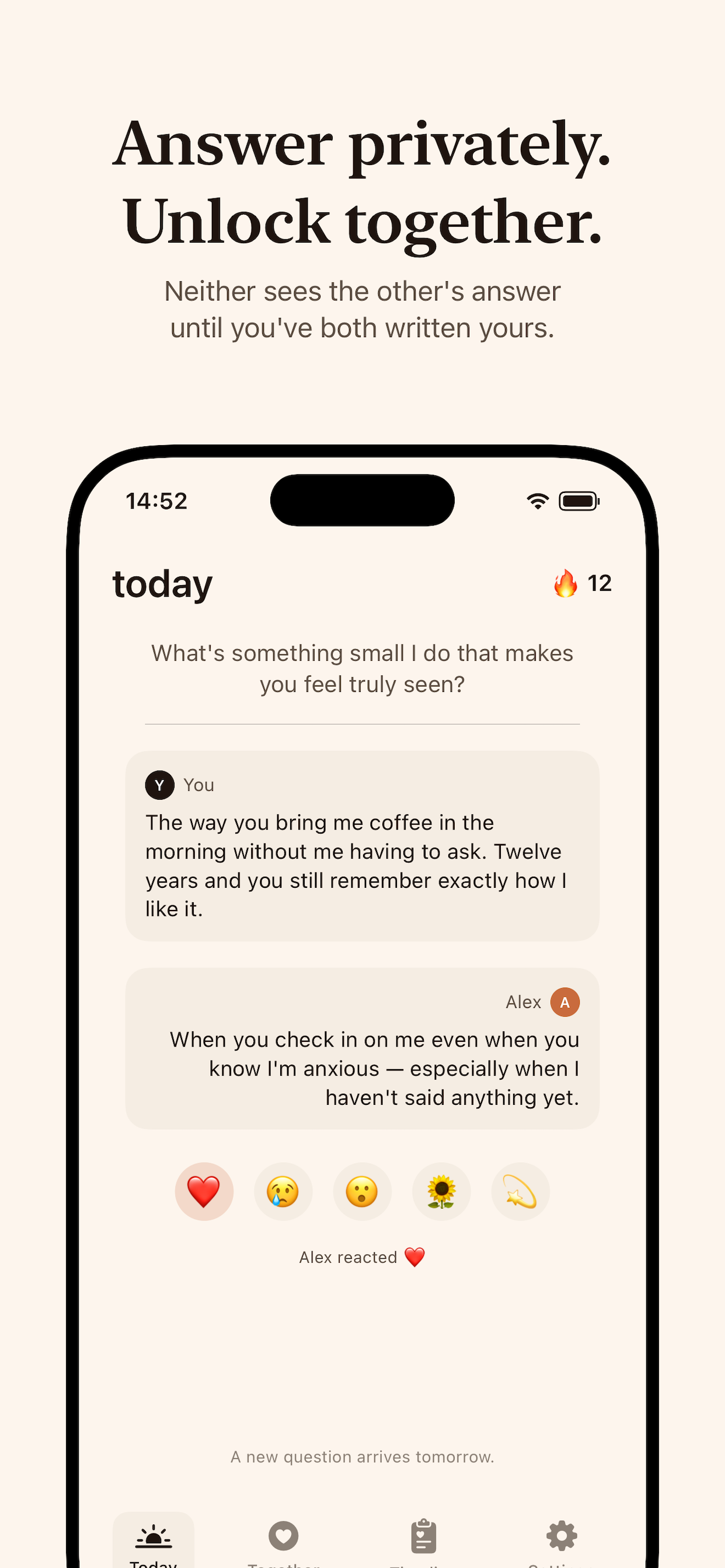 Answer privately, unlock together — two answers revealed at the same time.