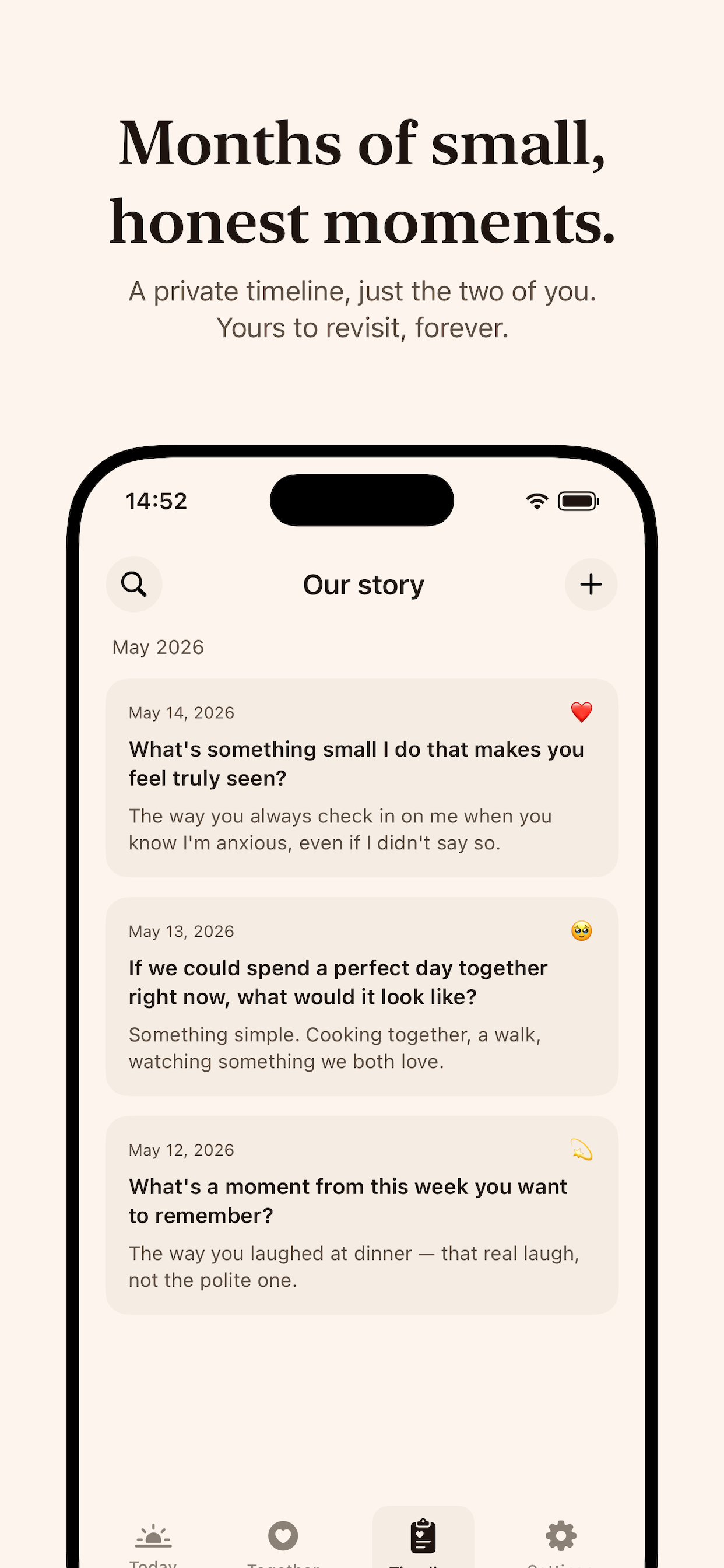 A private timeline of past moments, only the two of you can see.